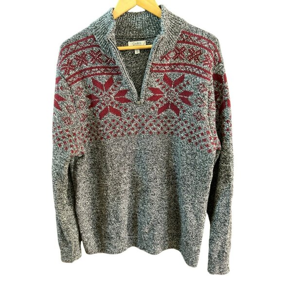 Vintage Croft Barrow Black Gray Red Quarter Zip Snowflake Long Sleeve Sweater - Picture 3 of 7